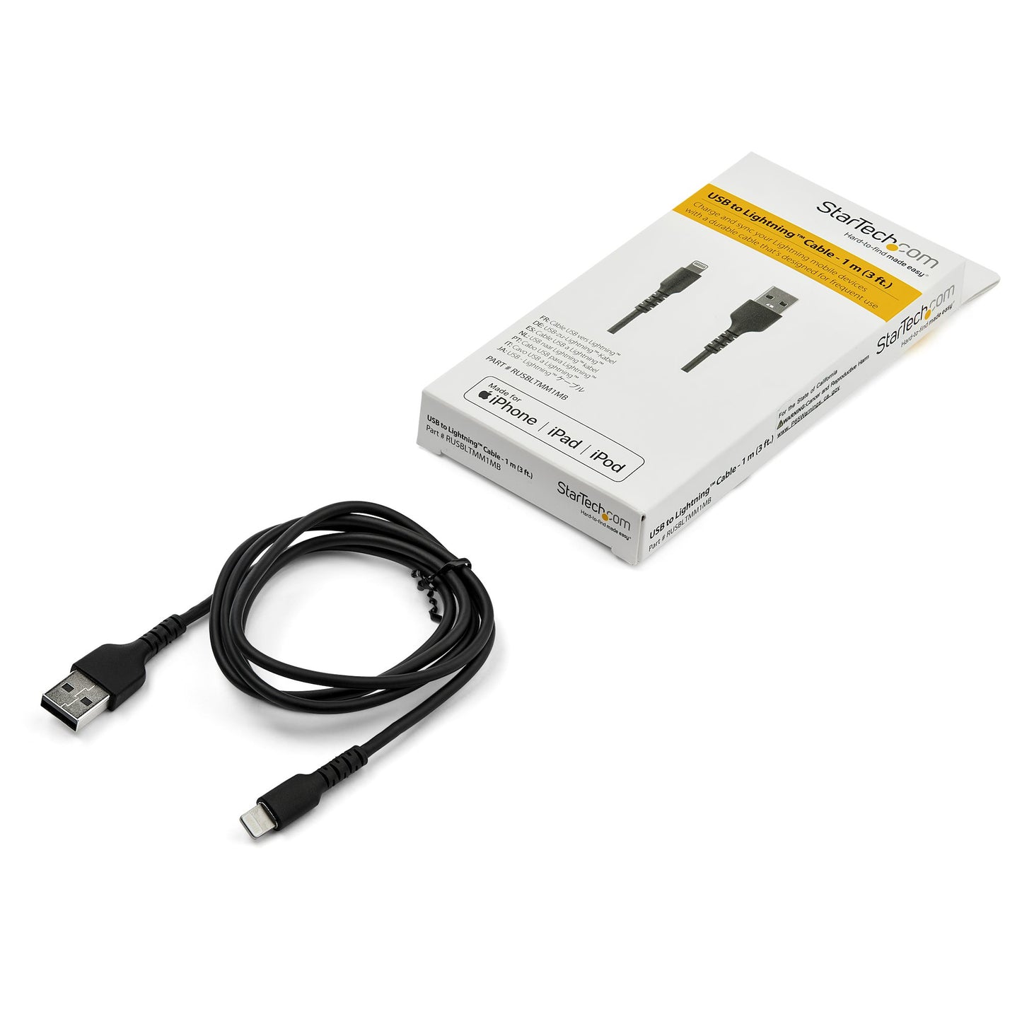 StarTech.com - Cable Resistente USB-A a Lightning de 1 m Negro - Cable de Alimentación y Sincronización USB Tipo A a Lightning con Fibra de Aramida Robusta - Con Certificación MFi de Apple - iPad/iPhone 12