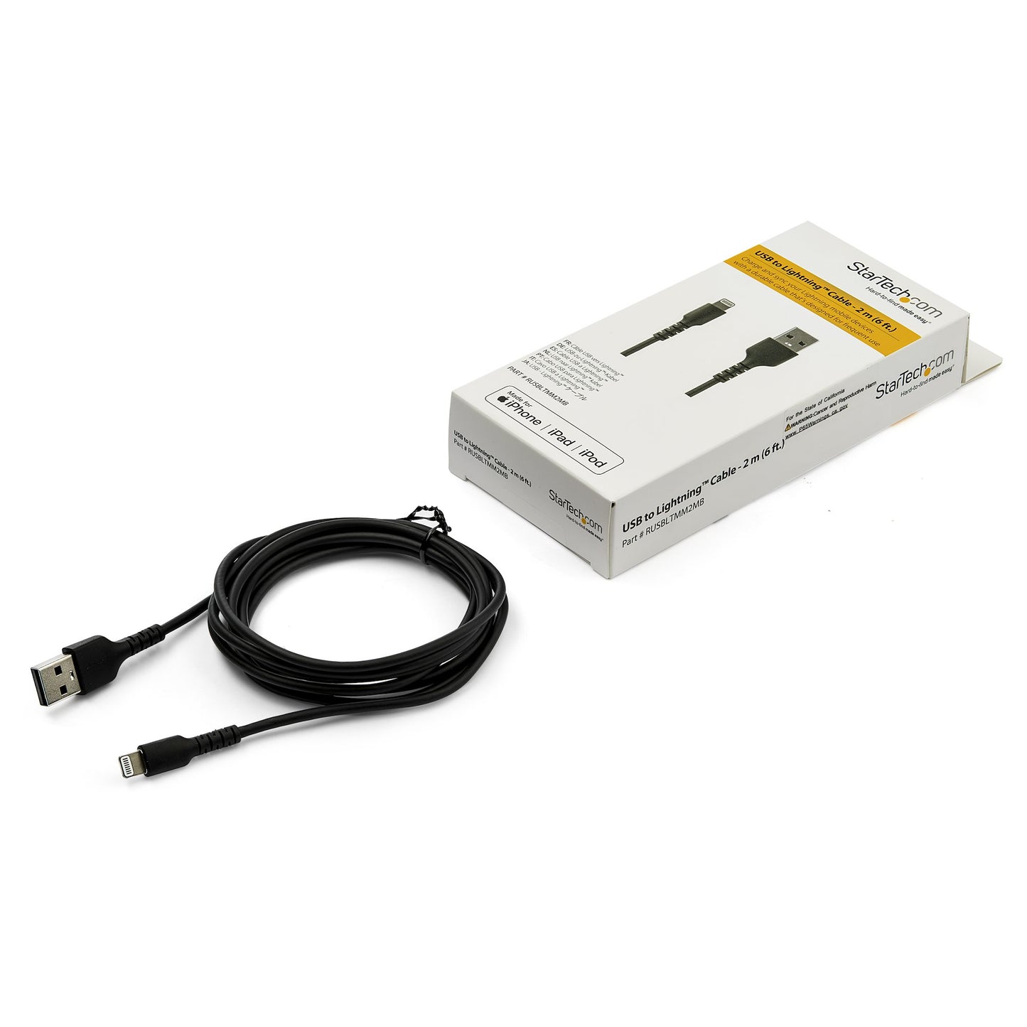 StarTech.com - Cable Resistente USB-A a Lightning de 2 m Negro - Cable de Alimentación y Sincronización USB Tipo A a Lightning con Fibra de Aramida Robusta - Con Certificación MFi de Apple - iPad/iPhone 12