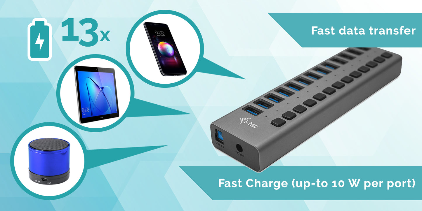 i-tec - USB 3.0 Charging HUB 13port + Power Adapter 60 W