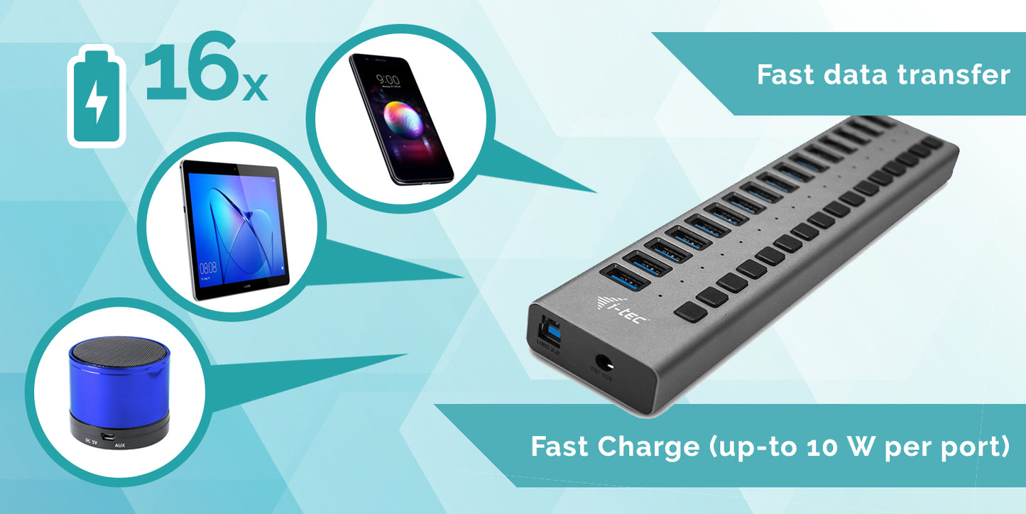 i-tec - USB 3.0 Charging HUB 16port + Power Adapter 90 W