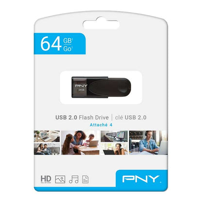 PNY Attache 4 Memoria USB 2.0 64GB - Enganche para Llavero - Color Negro (Pendrive) 1 pieza(s)