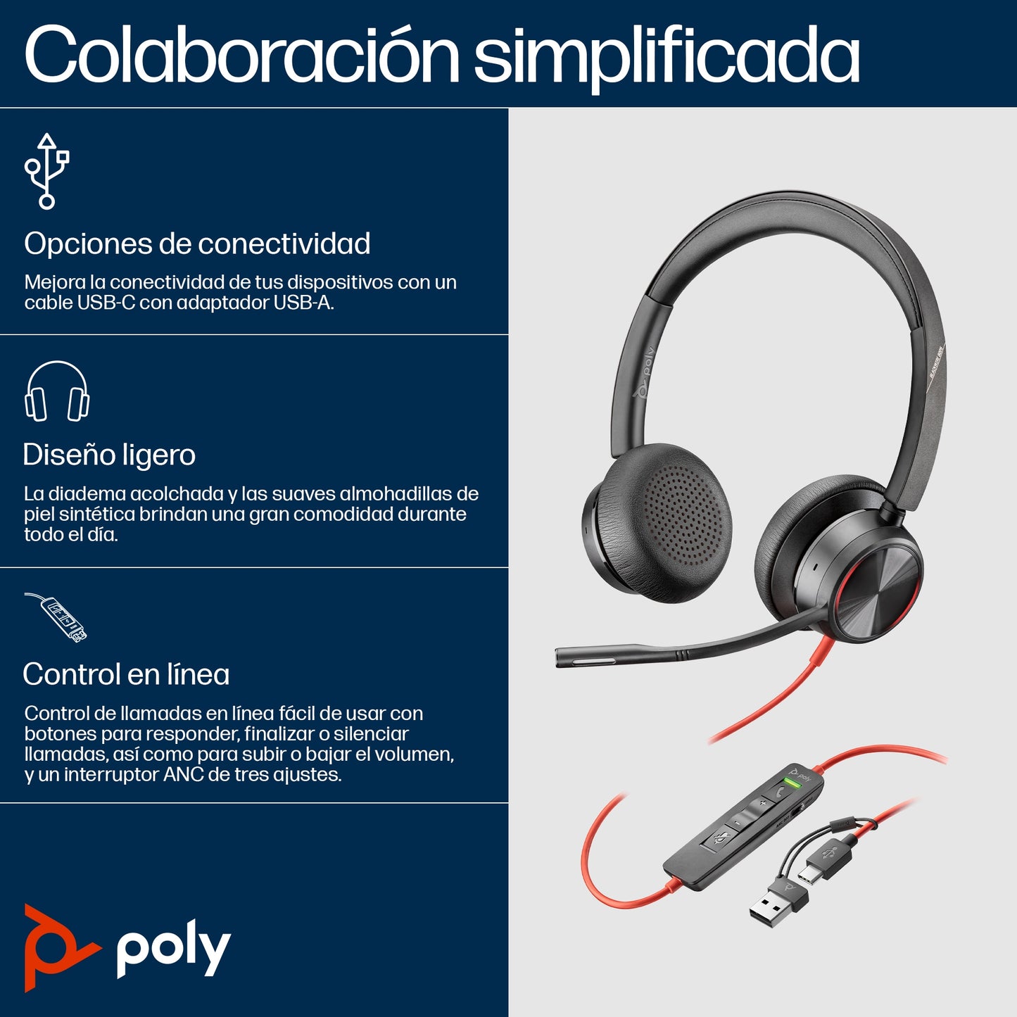 POLY - Auriculares estéreo Blackwire 8225 USB-C + Adaptador USB-C/A