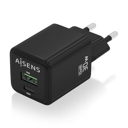 AISENS - Cargador Gan 30W  1xUSB-C PD3.0 QC4.0  1xUSB-A QC3.0  Negro