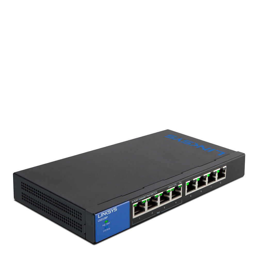 Linksys - Conmutador PoE Gigabit de escritorio de 8 puertos (LGS108P)