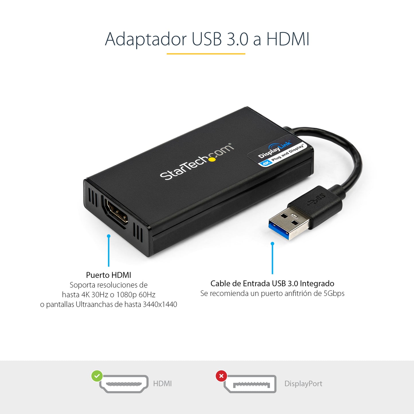 StarTech.com - Adaptador Gráfico Externo USB 3.0 a HDMI - UltraHD 4K 30Hz - Certificado DisplayLink - Conversor USB-A a HDMI para Monitor - Tarjeta Gráfica Externa de Vídeo - Mac y Windows