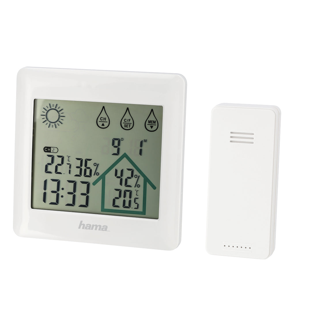 Hama - Estación meteorológica interior y exterior con Reloj digital (Weather station con función reloj y fecha  medición temperatura y humedad y con pronóstico del tiempo) Blanco