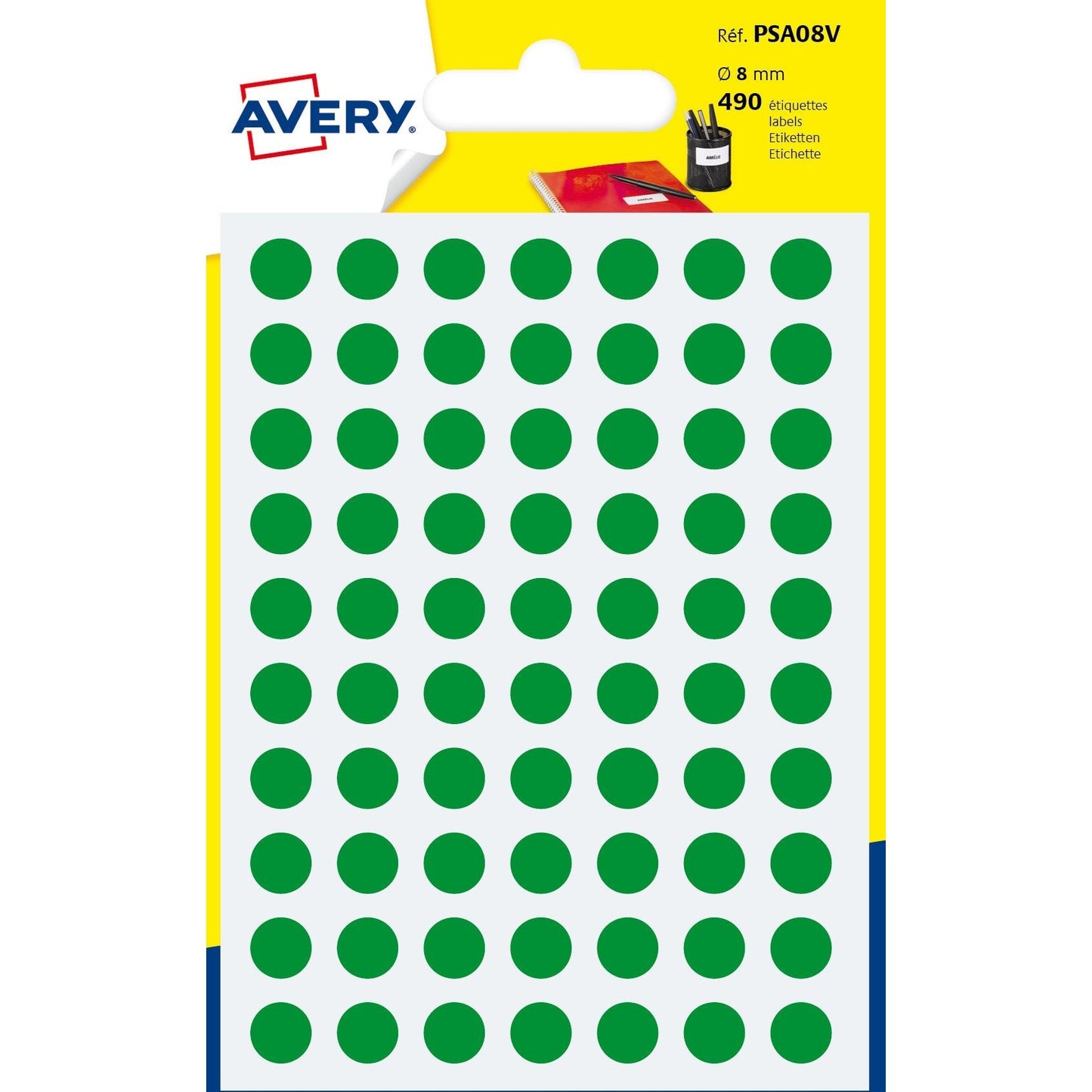 Avery - PSA08V etiqueta autoadhesiva Círculo Permanente Verde 490 pieza(s)