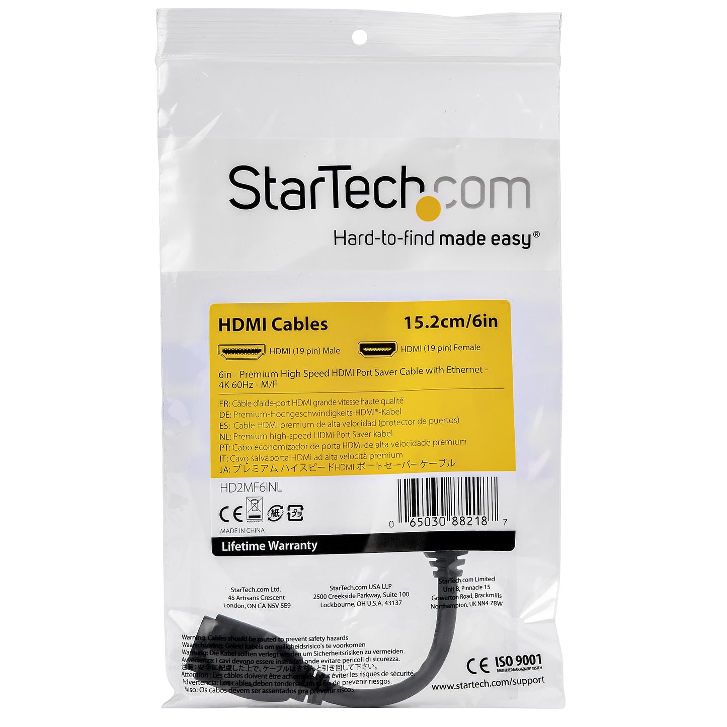 StarTech.com - Cable de 15cm de Extensión Alargador HDMI 2.0 de Alta Velocidad con Ethernet - Extensor de Puertos - Cable para Conservar Puertos de Conexión - Cable Corto HDMI - 4K de 60Hz