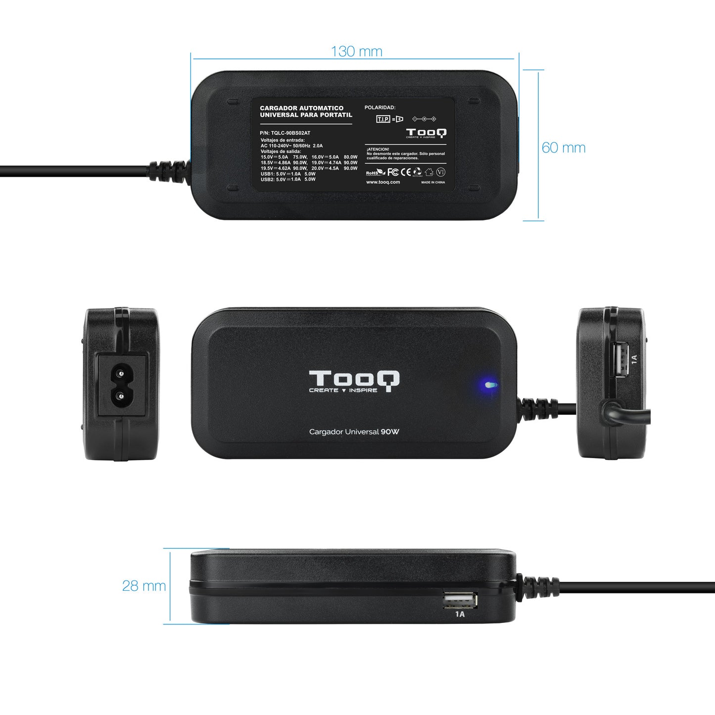 TooQ - TQLC-90BS02AT adaptador e inversor de corriente Interior 90 W Negro