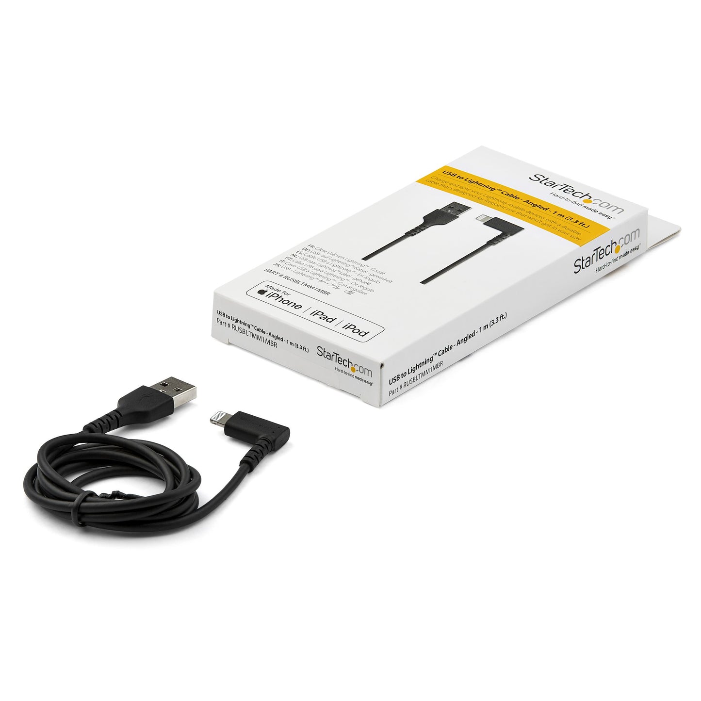 StarTech.com - Cable Resistente USB-A a Lightning de 1 m - Negro -Acodado en un Ángulo de 90° a la Derecha - Cable de Carga y Sincronización USB Tipo A a Lightning de Fibra de Aramida Resistente - MFi - iPhone