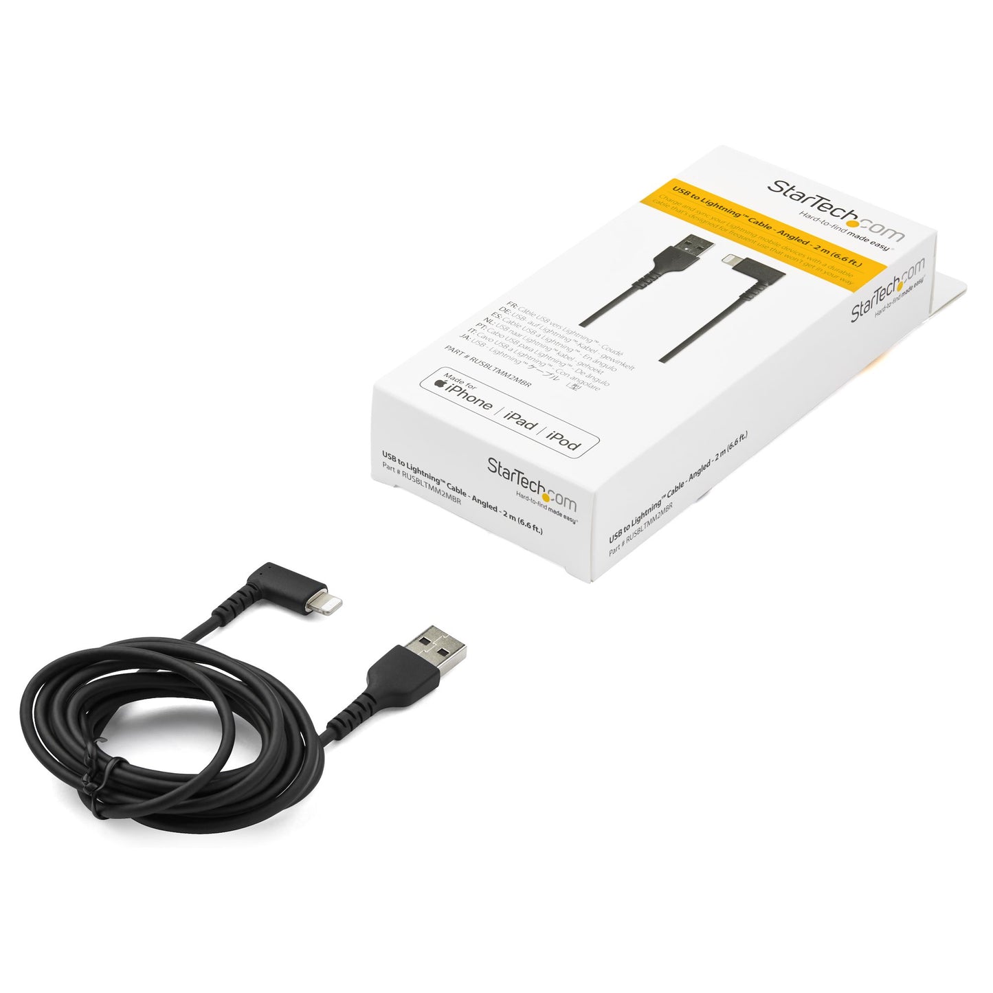 StarTech.com - Cable Resistente USB-A a Lightning de 2 m - Negro -Acodado en un Ángulo de 90° a la Derecha - Cable de Carga y Sincronización USB Tipo A a Lightning de Fibra de Aramida Resistente - MFi - iPhone