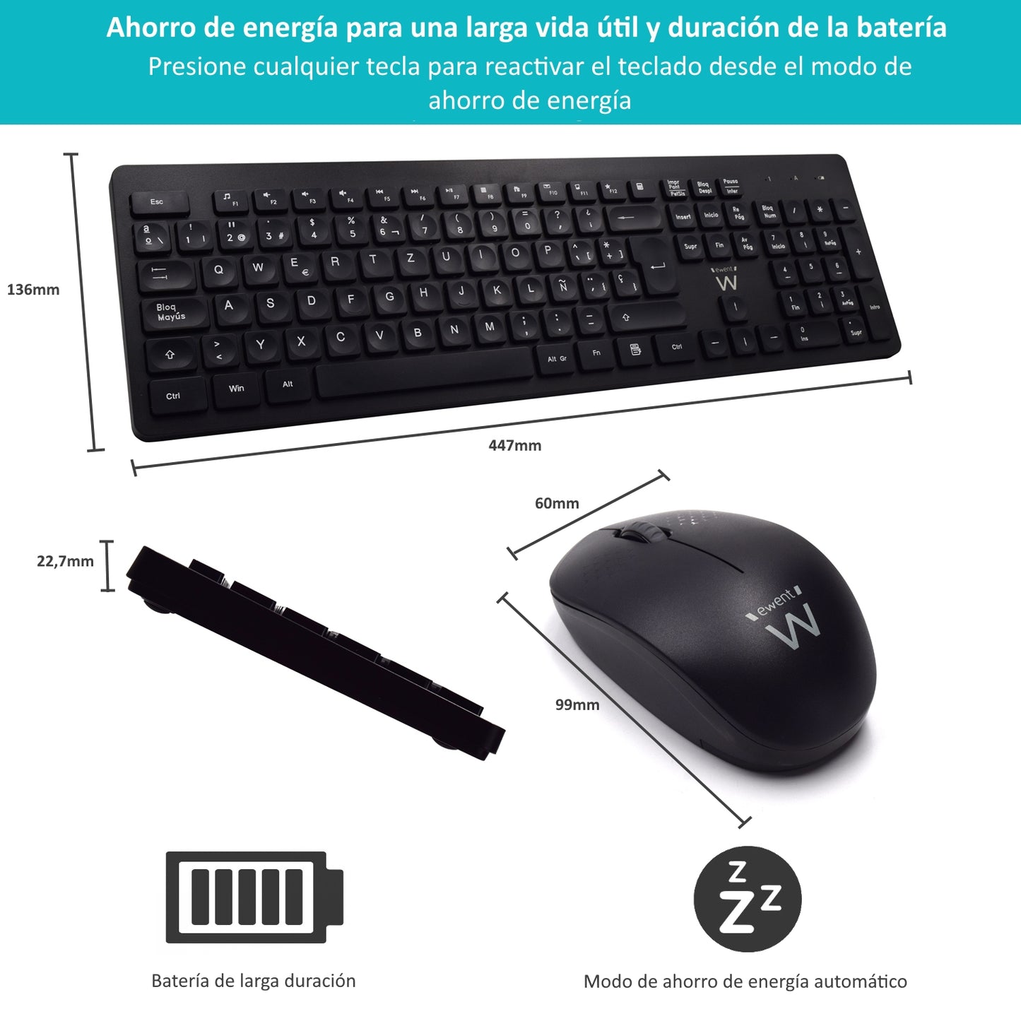 Ewent - EW3256 teclado Ratón incluido Universal RF inalámbrico QWERTY Español Negro