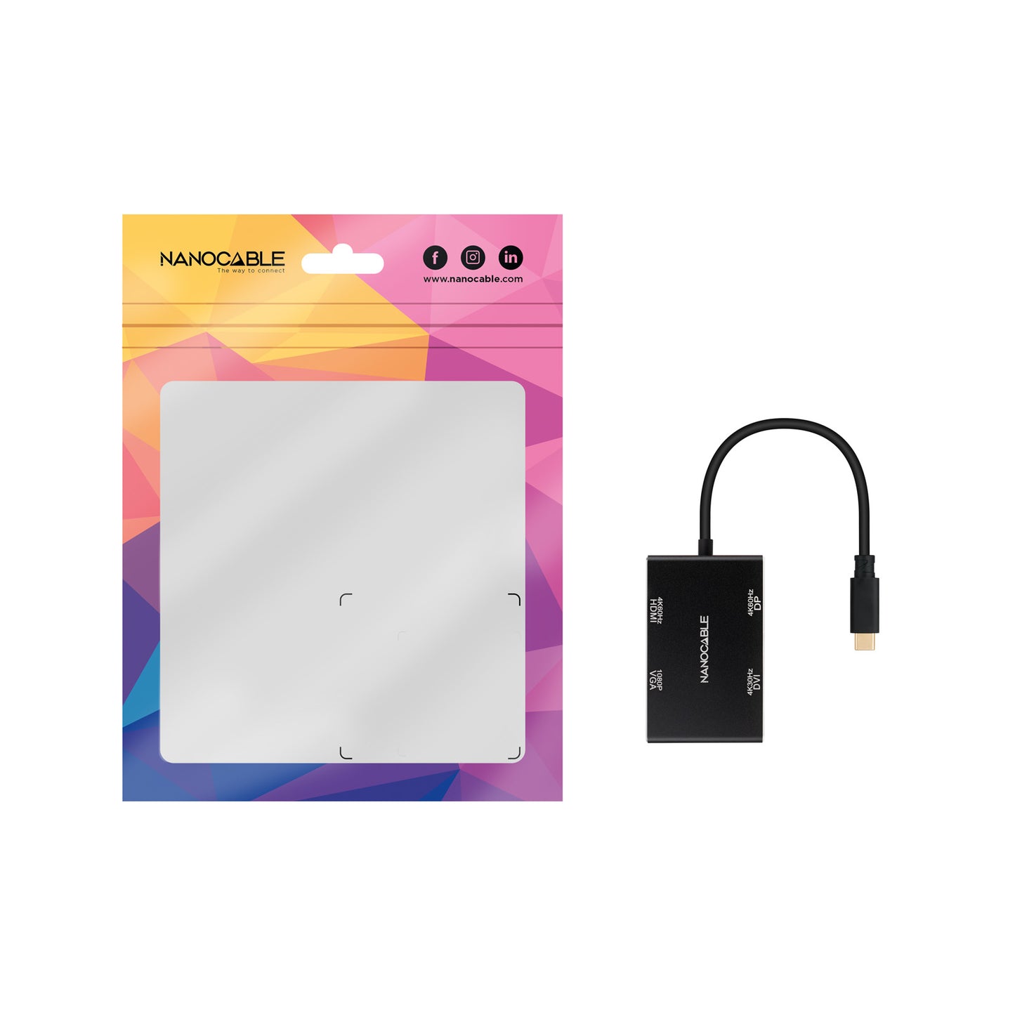 Nanocable - Conversor USB-C/M a HDMI/H + DVI/H + DP/H + VGA/H  Negro  10 cm