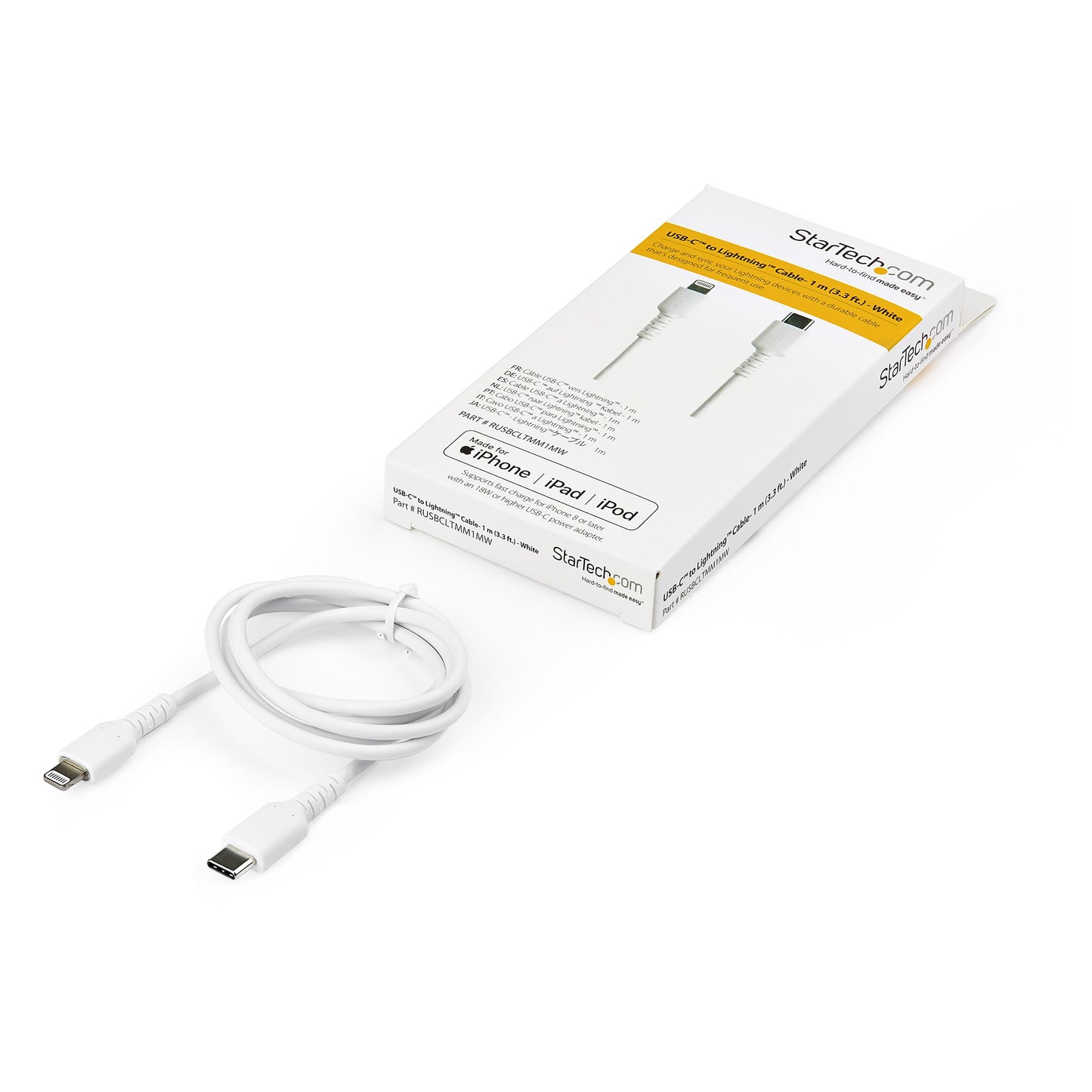 StarTech.com - Cable Resistente USB-C a Lightning de 1 m Blanco - Cable de Sincronización y Carga USB Tipo C a Lightning con Fibra de Aramida Resistente - Certificado MFi de Apple - para iPad/iPhone 12