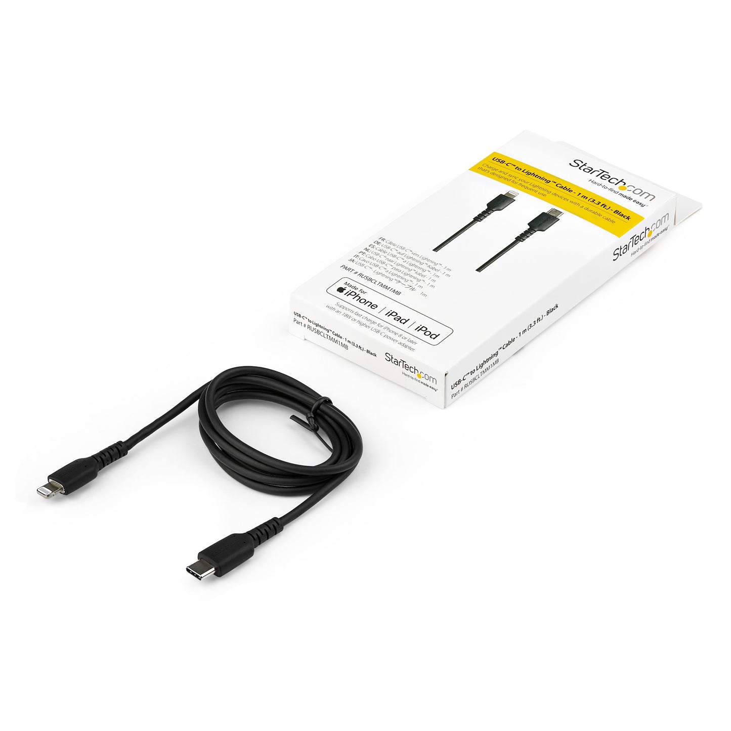 StarTech.com - Cable Resistente USB-C a Lightning de 1 m Negro - Cable de Sincronización y Carga USB Tipo C a Lightning con Fibra de Aramida Resistente - Certificado MFi de Apple - para iPad/iPhone 12