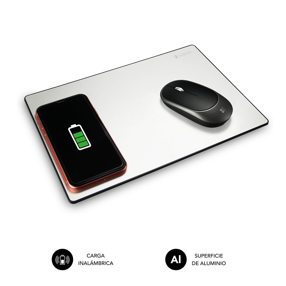 SUBBLIM - Alfombrilla con cargador Inalámbrico Mousepad Wireless Charger Aluminum Silver 10W