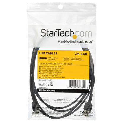 StarTech.com - Cable de Carga USB-A a USB-C de 2m - Cable de Carga Rápida y Sincronización USB 2.0 de Servicio Pesado - Cable de Datos USB 2.0- Resistente con Fibra de Aramida - M/M - 3A - Negro