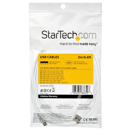 StarTech.com - Cable de Carga USB-A a USB-C de 2m - Cable de Carga Rápida y Sincronización USB 2.0 de Servicio Pesado - Cable de Datos USB 2.0- Resistente con Fibra de Aramida - M/M - 3A - Blanco