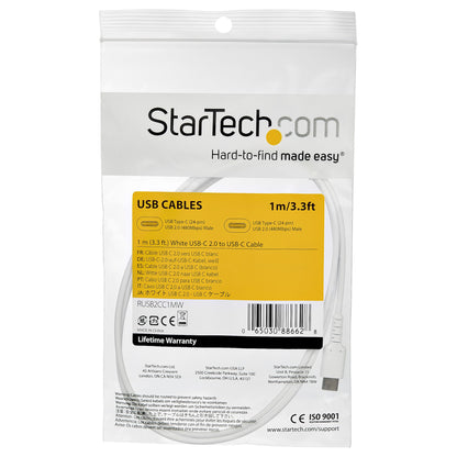 StarTech.com - Cable de 1m de Carga USB C - de Carga Rápida y Sincronización USB 2.0 Tipo C a USB C para Portátiles - Revestimiento TPE de Fibra de Aramida M/M 60W Blanco - iPad Pro Surface