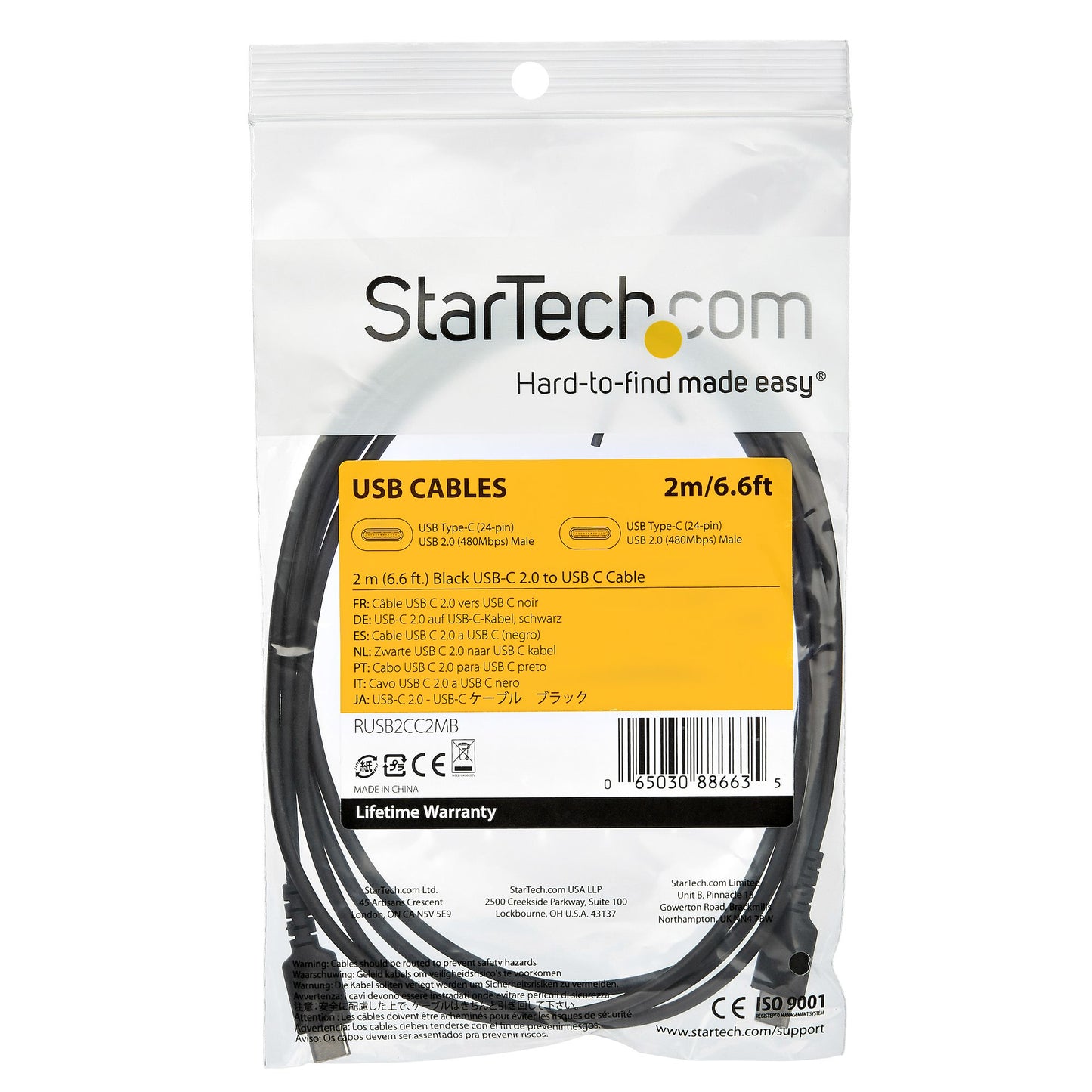 StarTech.com - Cable de 2m de Carga USB C - de Carga Rápida y Sincronización USB 2.0 Tipo C a USB C para Portátiles - Revestimiento TPE de Fibra de Aramida M/M 60W Negro - iPad Pro Surface