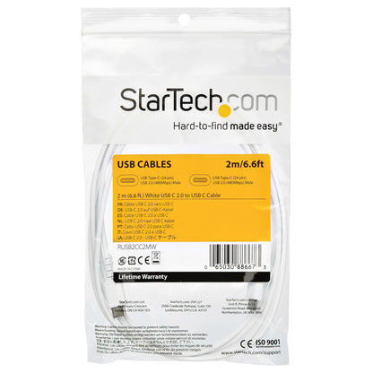 StarTech.com - Cable de 2m de Carga USB C - de Carga Rápida y Sincronización USB 2.0 Tipo C a USB C para Portátiles - Revestimiento TPE de Fibra de Aramida M/M 60W Blanco - iPad Pro Surface