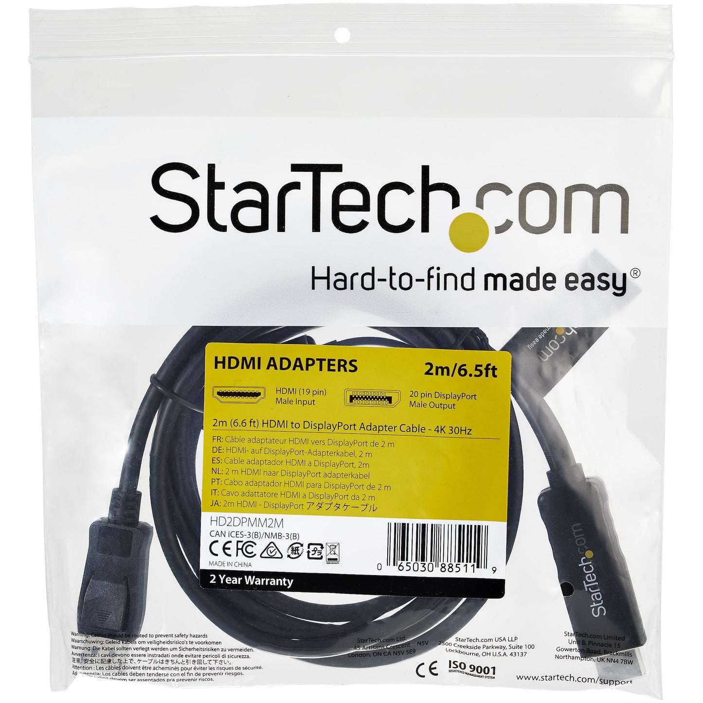 StarTech.com - Cable de 2m HDMI a DisplayPort - 4K 30Hz