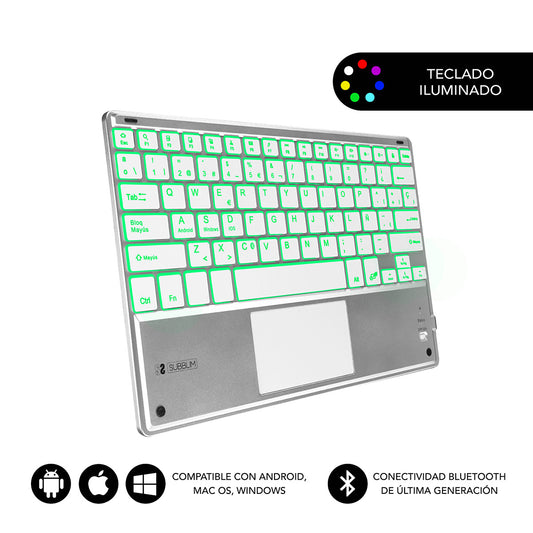 SUBBLIM - Teclado Bluetooth Smart Backlit BT Keyboard Touchpad Silver