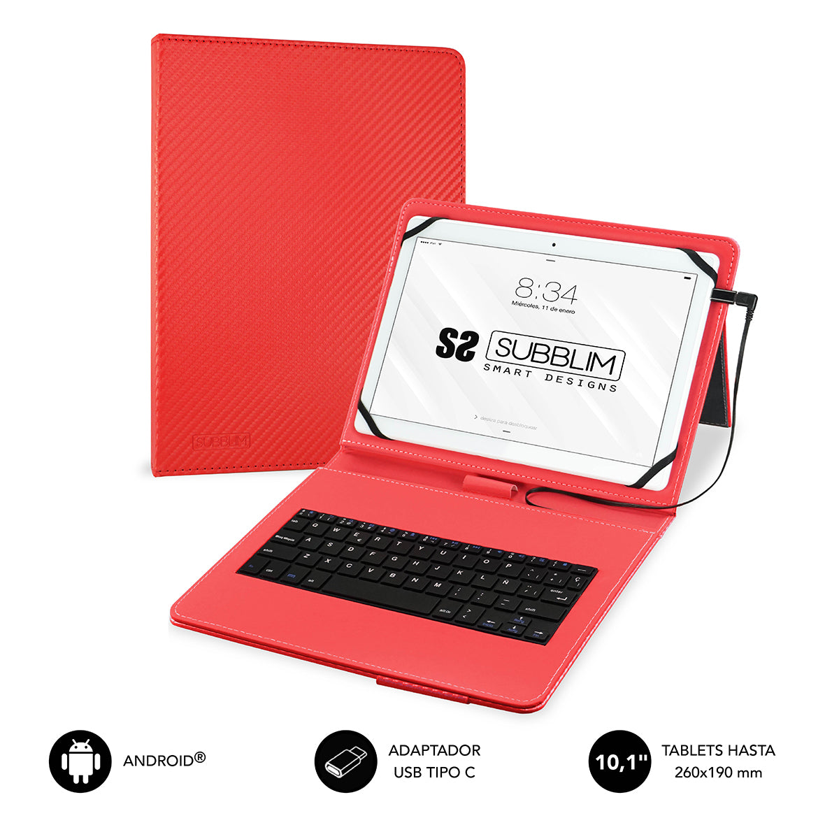 SUBBLIM - Funda con Teclado Micro USB - USB C KEYTAB PRO USB 10 1" Red