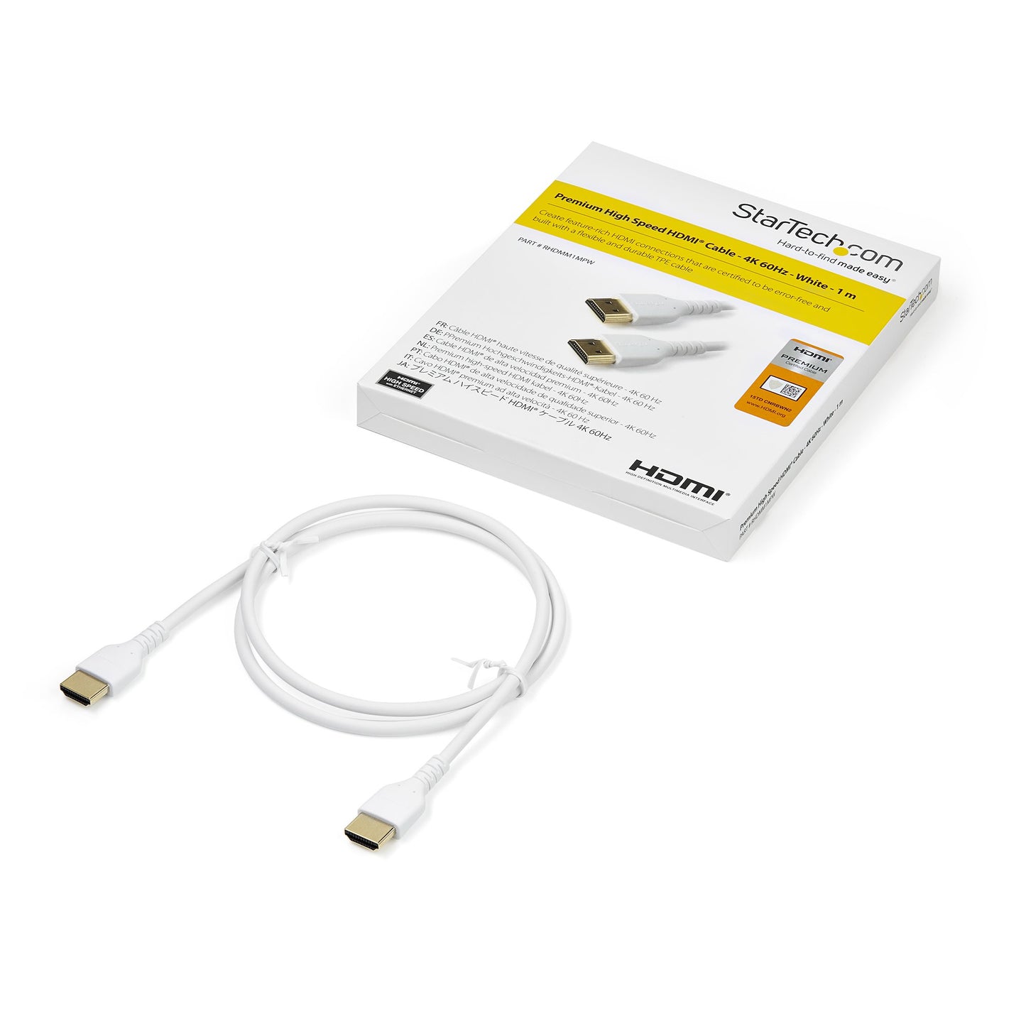 StarTech.com - Cable de 1m HDMI 2.0 Certificado Premium de alta velocidad con Ethernet - Durable - UHD 4K 60Hz - con Fibra de Aramida - HDMI 2.0 - TPE - para Monitores y TV - Blanco