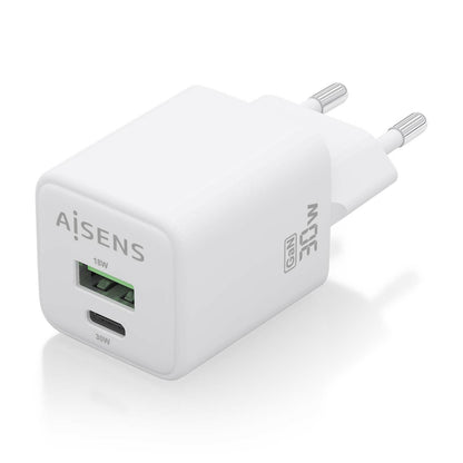 AISENS - Cargador Gan 30W  1xUSB-C PD3.0 QC4.0  1xUSB-A QC3.0  Blanco