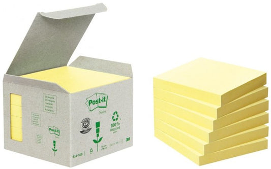 Post-It - PACK 6 BLOCS 100 HOJAS NOTAS RECICLADAS ADHESIVAS 76X76MM AMARILLO CAJA CARTÓN 654-1B POST-IT 7100172252