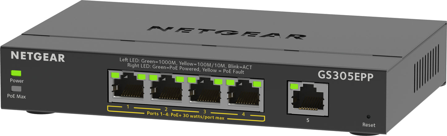 NETGEAR - 5-Port Gigabit Ethernet High-Power PoE+ Plus Switch (GS305EPP) Gestionado L2/L3 Gigabit Ethernet (10/100/1000) Energía sobre Ethernet (PoE) Negro