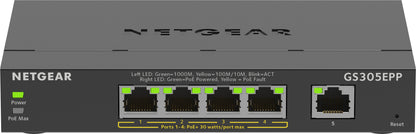 NETGEAR - 5-Port Gigabit Ethernet High-Power PoE+ Plus Switch (GS305EPP) Gestionado L2/L3 Gigabit Ethernet (10/100/1000) Energía sobre Ethernet (PoE) Negro