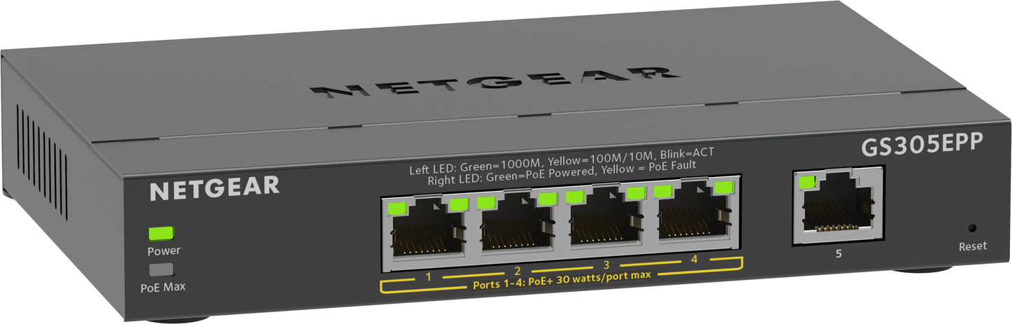 NETGEAR - 5-Port Gigabit Ethernet High-Power PoE+ Plus Switch (GS305EPP) Gestionado L2/L3 Gigabit Ethernet (10/100/1000) Energía sobre Ethernet (PoE) Negro