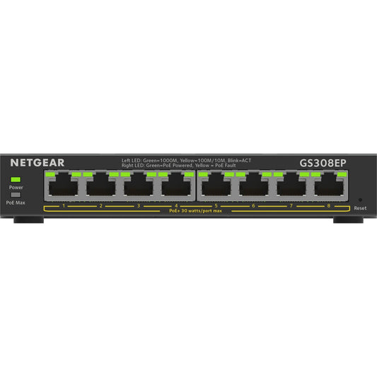 NETGEAR - 8-Port Gigabit Ethernet PoE+ Plus Switch (GS308EP) Gestionado L2/L3 Gigabit Ethernet (10/100/1000) Energía sobre Ethernet (PoE) Negro