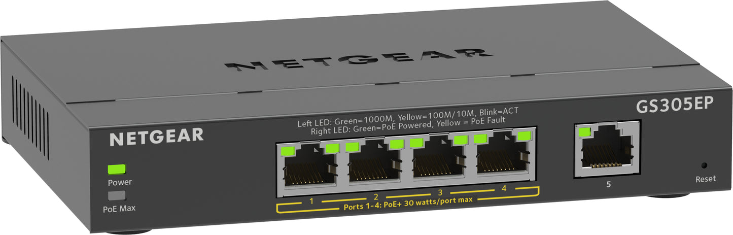 NETGEAR - 5-Port Gigabit Ethernet PoE+ Plus Switch (GS305EP) Gestionado L2/L3 Gigabit Ethernet (10/100/1000) Energía sobre Ethernet (PoE) Negro