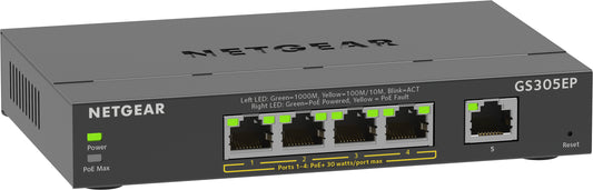 NETGEAR - 5-Port Gigabit Ethernet PoE+ Plus Switch (GS305EP) Gestionado L2/L3 Gigabit Ethernet (10/100/1000) Energía sobre Ethernet (PoE) Negro