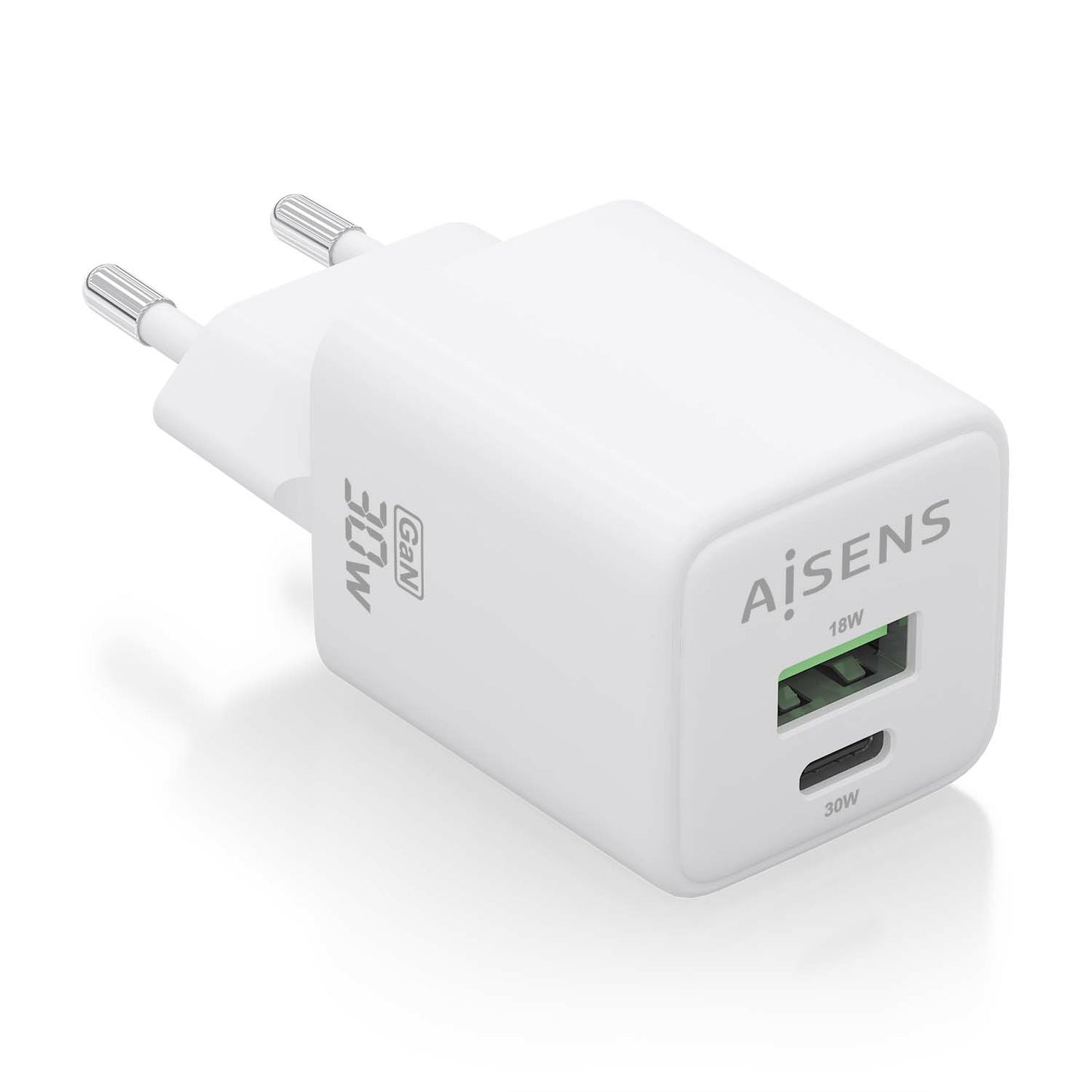 AISENS - Cargador Gan 30W  1xUSB-C PD3.0 QC4.0  1xUSB-A QC3.0  Blanco