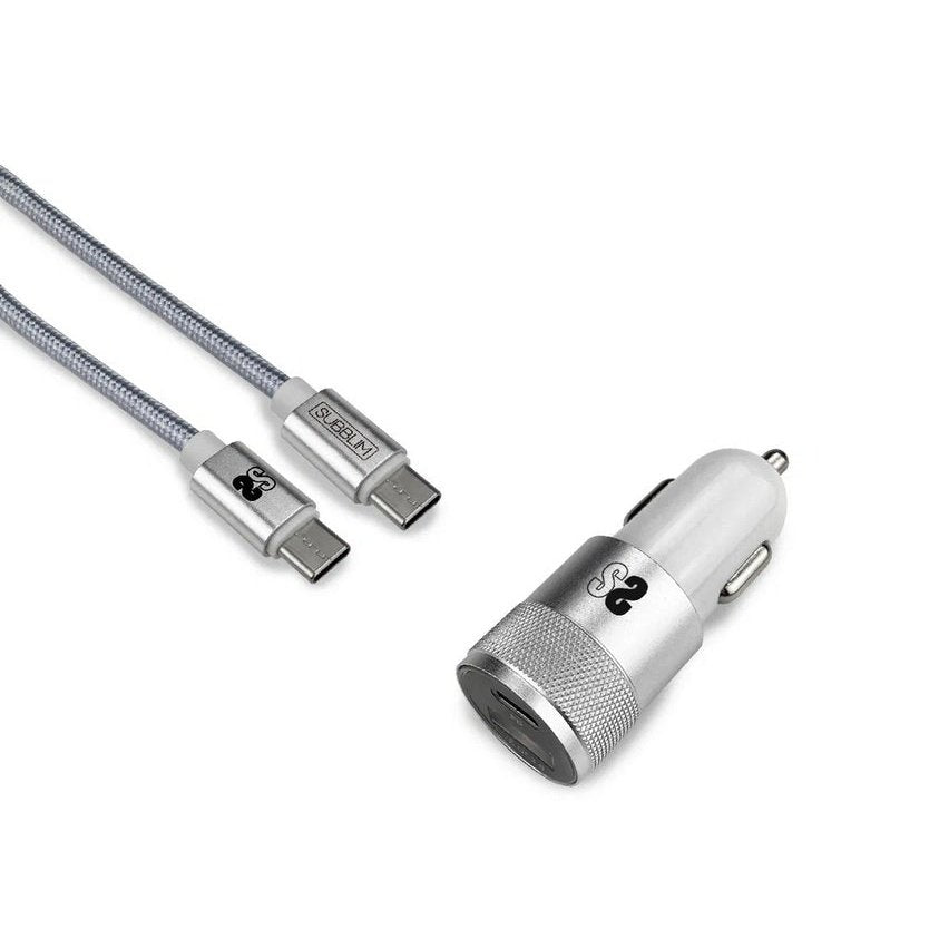 SUBBLIM - Cargador Ultra Rapido Coche 2xUSB PD18W+QC3.0 + Cable C to C Silver