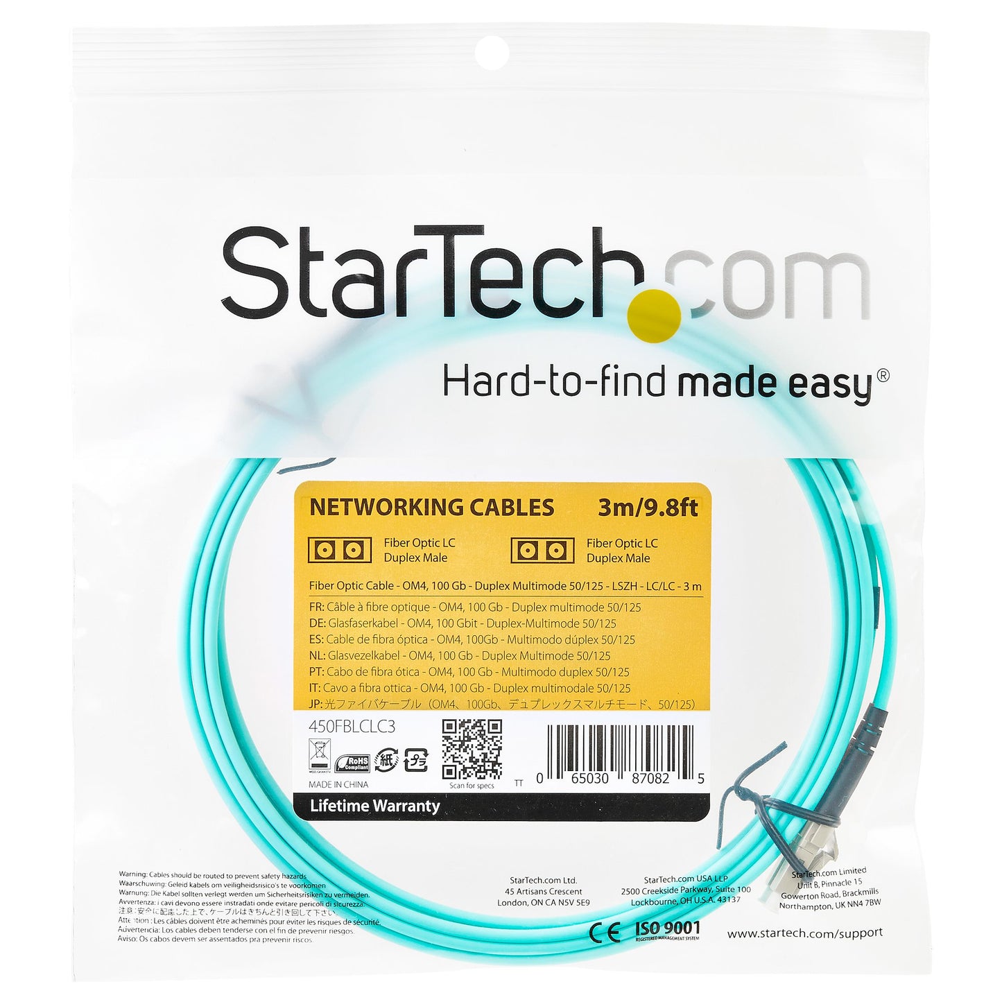 StarTech.com - Cable de 3m de Fibra Óptica Multimodo LC/UPC a LC/UPC OM4 - 50/125µm - Fibra LOMMF/VCSEL - Redes de 100G - Cable LSZH - Baja Pérdida de Inserción - Low Insertion Loss