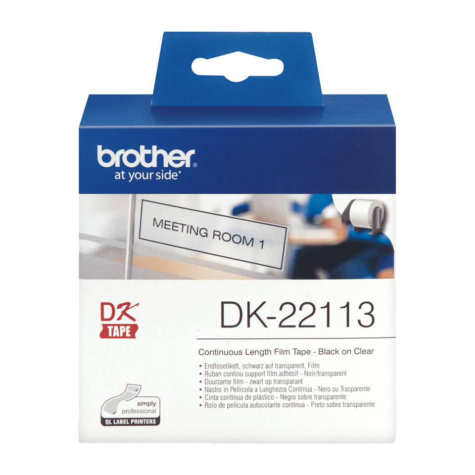 Brother DK-22113 cinta para impresora de etiquetas Negro sobre transparente