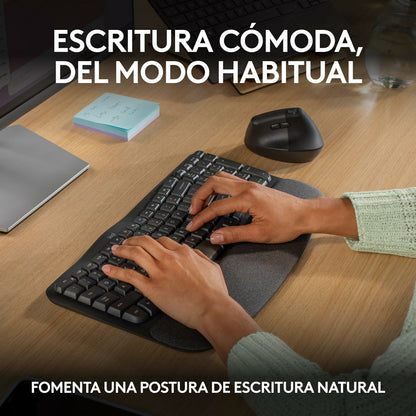 Logitech - Wave Keys  teclado ergonómico inalámbrico con reposamanos acolchado  escritura cómoda y natural  Easy-Switch  Bluetooth  Logi Bolt  multisistema operativo  Windows/Mac QWERTY Español  Grafito