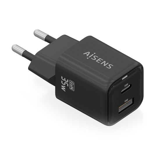 AISENS - Cargador Gan 35W  1xUSB-C PD3.0 QC4.0  1xUSB-A QC3.0  Negro