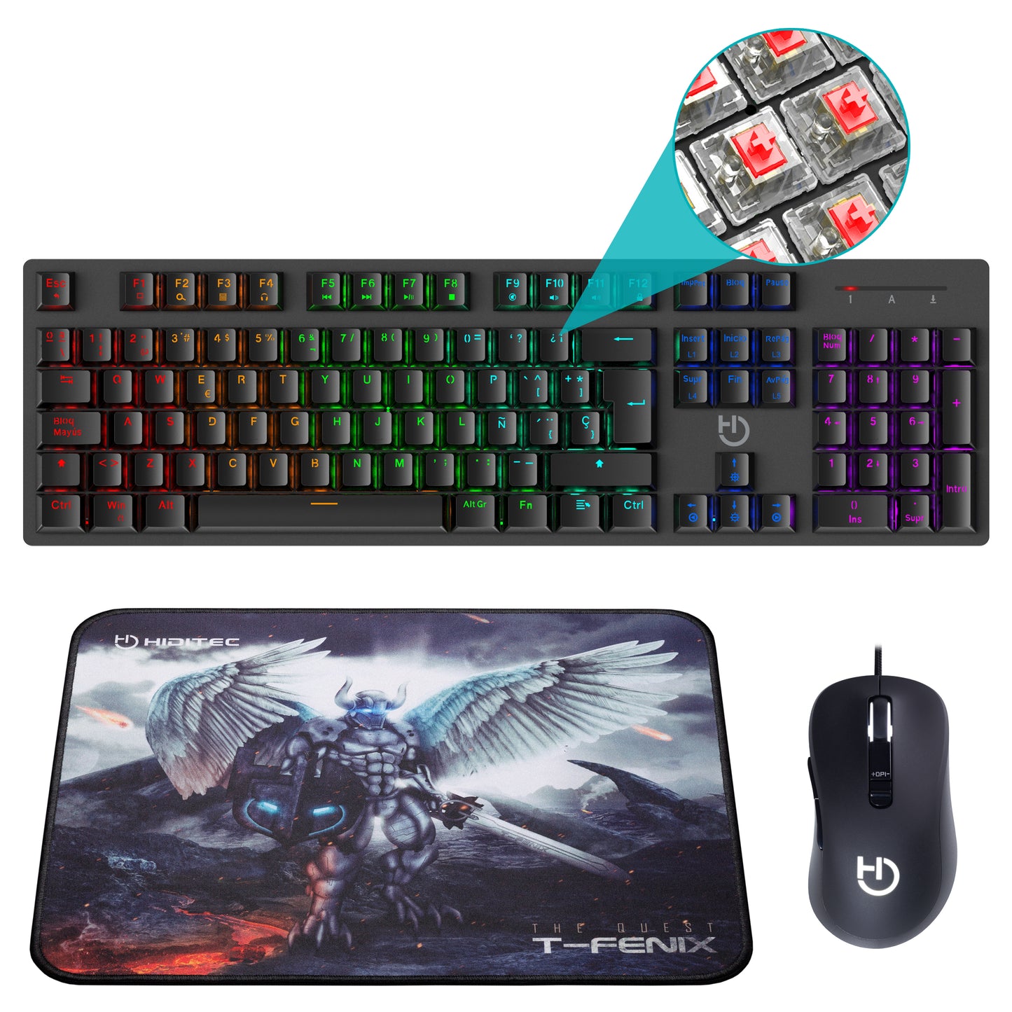 Hiditec - Teclado Mecánico GK400 + Ratón Gaming Blitz + Alfombrilla T-Fenix