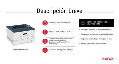 Xerox - B230 A4 34 ppm Impresora inalámbrica a doble cara PCL5e/6 2 bandejas Total 251 hojas