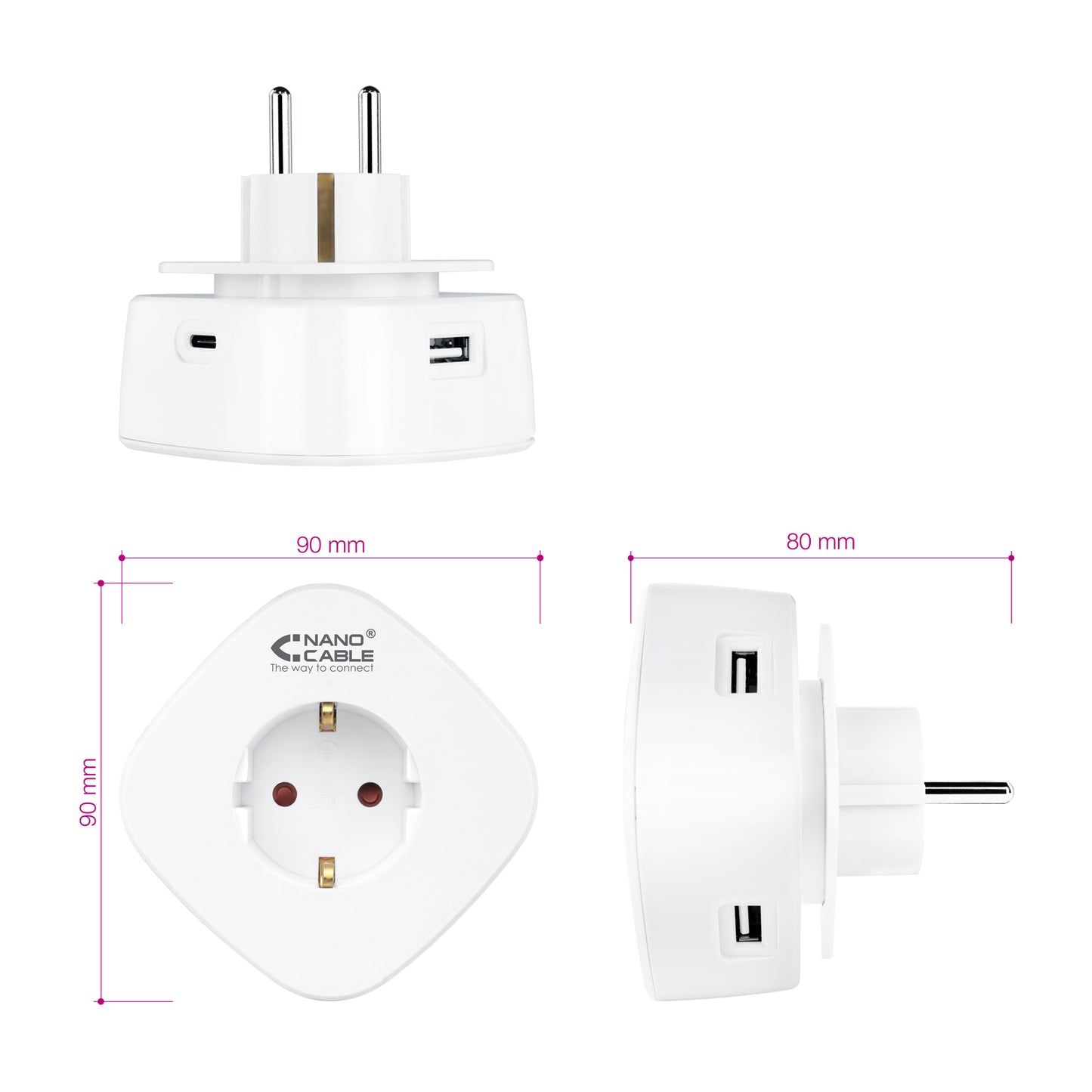 Nanocable - Cargador universal con 3 USB's (2 USB A + 1 USB-C) y enchufe integrado