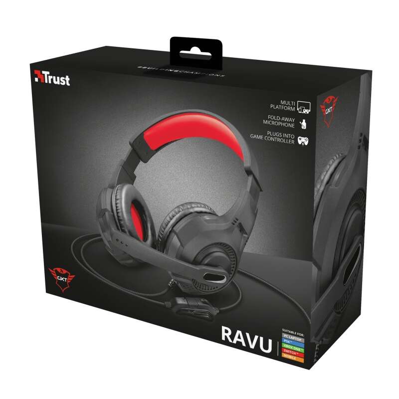 Trust Gaming GXT 307 Ravu Auriculares con Microfono - Microfono Plegable - Diadema Ajustable - Control en Cable - Compatible PS4, Nintendo Switch, Xbox One - Cable de 2m - Color Negro/Rojo 1 pieza(s)