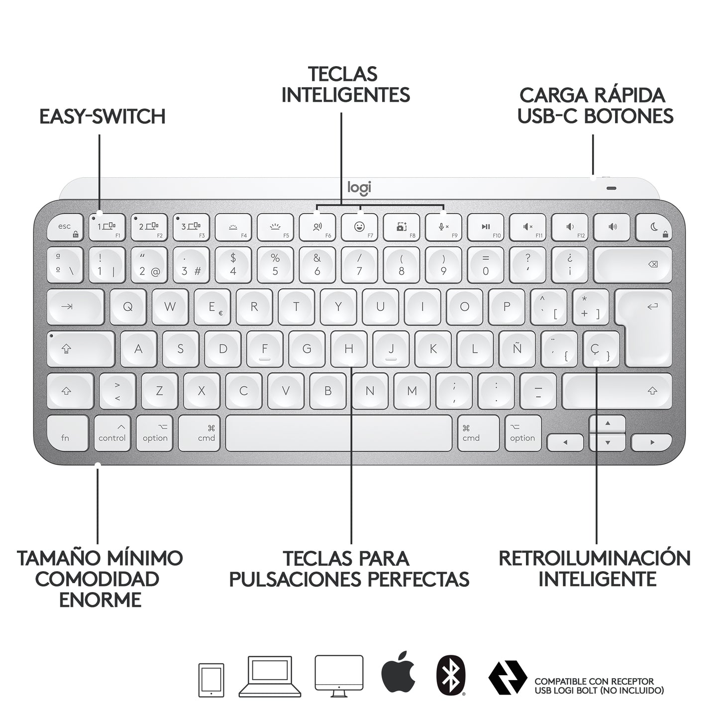 Logitech - MX Keys Mini For Mac Minimalist Wireless Illuminated Keyboard teclado Universal Bluetooth QWERTY Español Gris