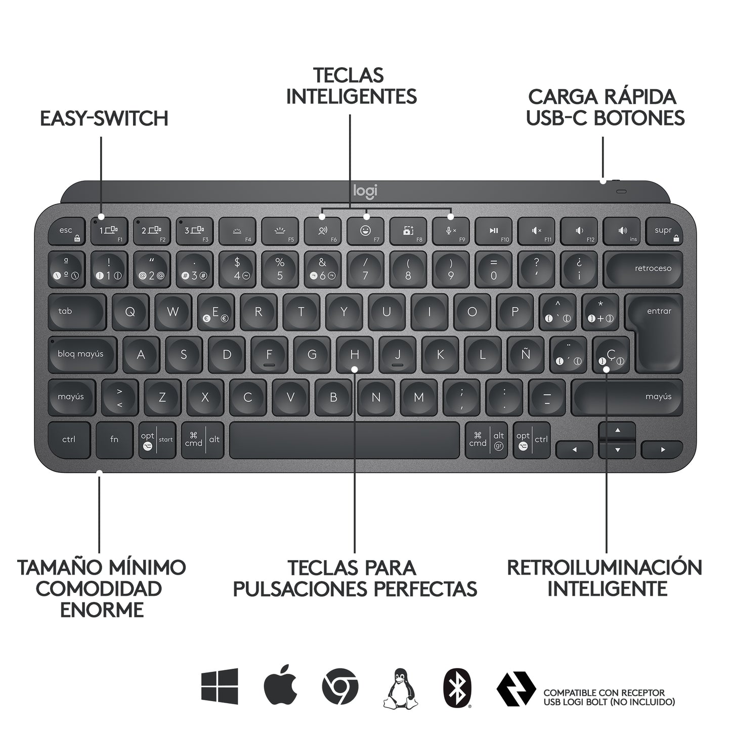 Logitech - MX Keys Mini teclado Oficina RF Wireless + Bluetooth QWERTY Español Grafito