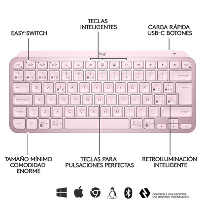 Logitech - MX Keys Mini teclado Oficina RF Wireless + Bluetooth QWERTY Español Rosa